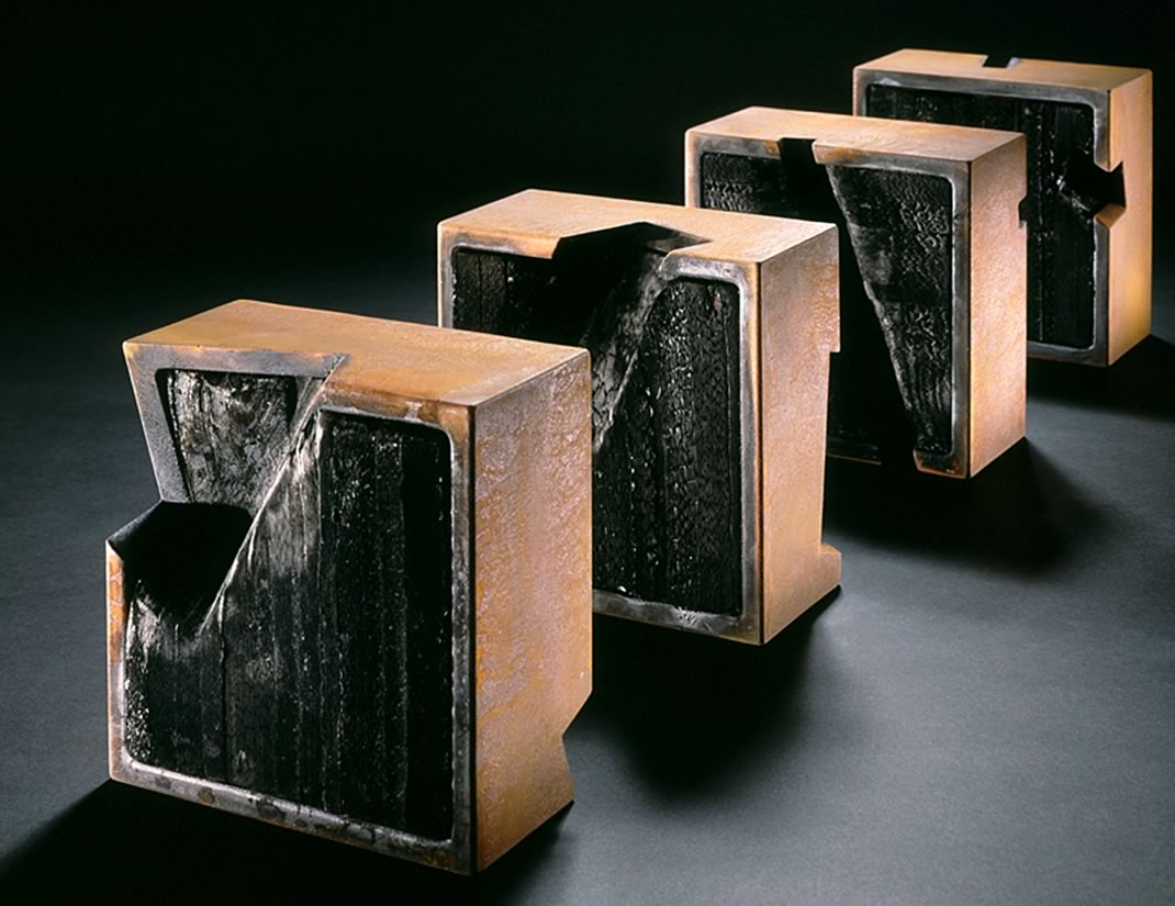 Tom Joyce, Book Art, Allan Chasanoff Collection, Yale University Art Gallery - CHASE - iron, charred books - 8 x 8 x 4 each - Photograph: Nick Merrick Tom Joyce, Book Art, Allan Chasanoff Collection, Yale University Art Gallery- CHASE - iron, charred books - 8 x 8 x 4 each - Photograph: Nick Merrick