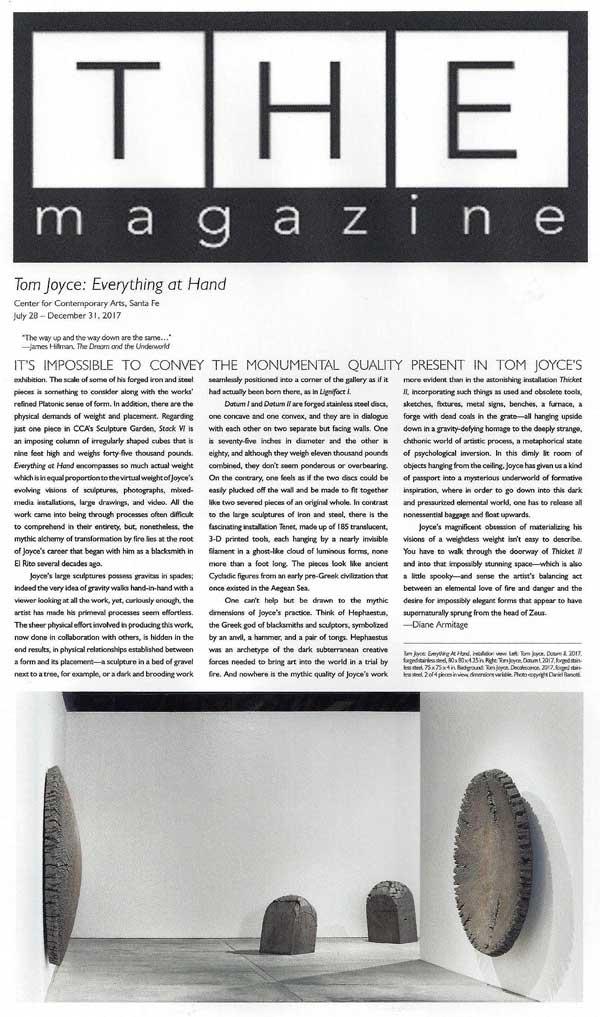 Review - Tom Joyce: Everything at Hand. By Diane Armitage. THE magazine, December 1, 2017